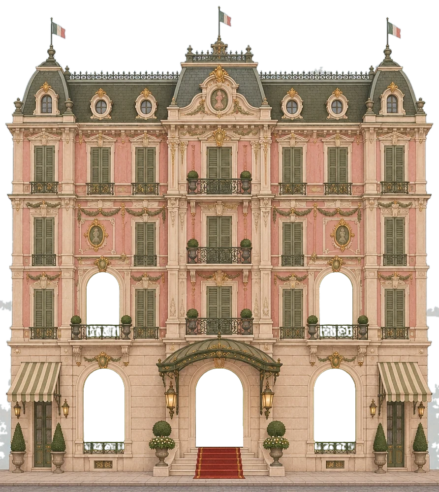 The house of Curated Pleasure: a grand hotel whose lit windows are its rooms