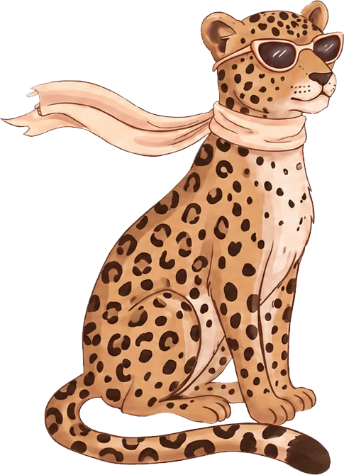 A leopard sitting with a silk scarf, drawn by hand