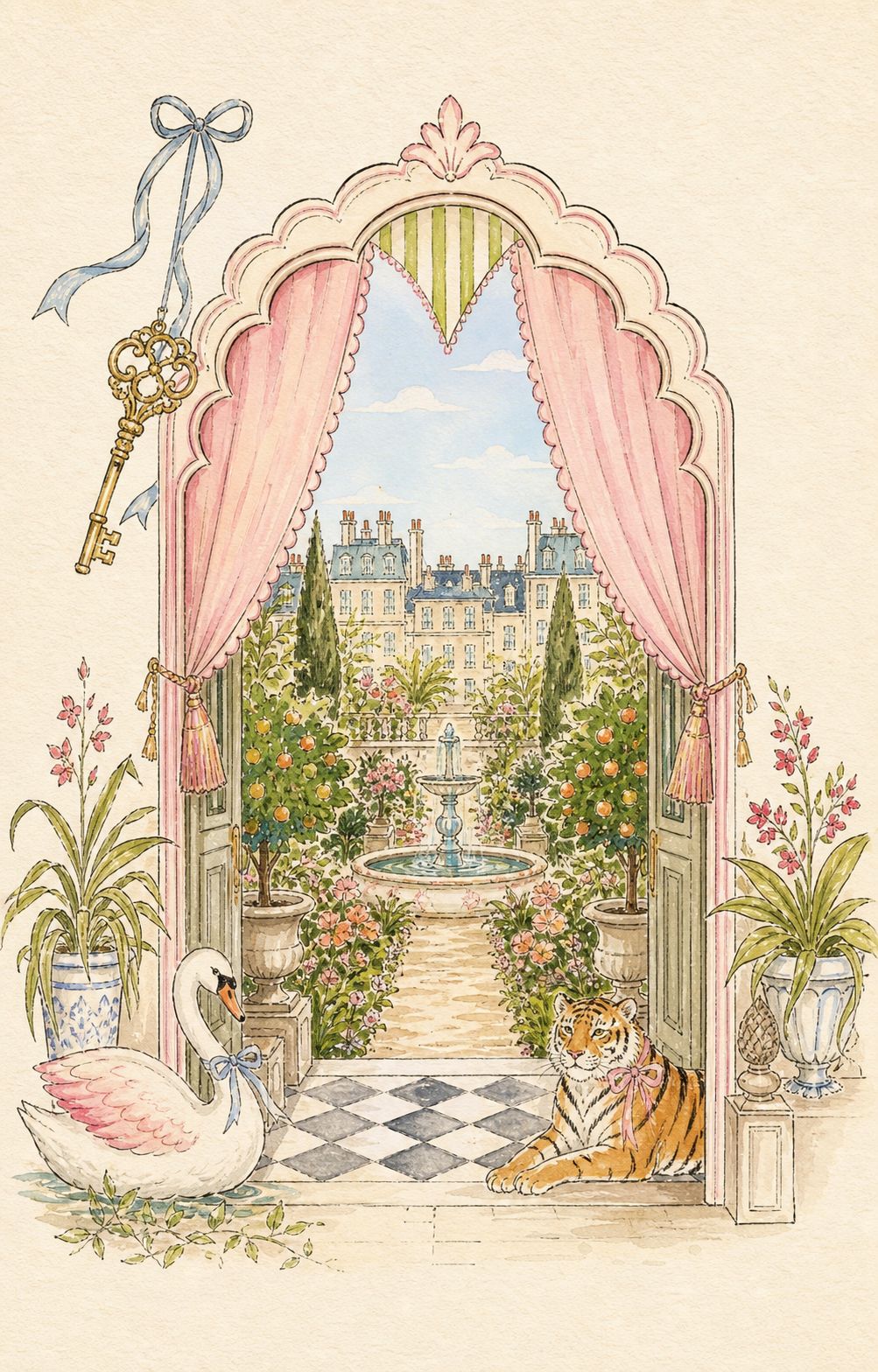 An illustrated arched doorway with pink curtains opening onto a garden with a fountain, a swan and a tiger at the threshold