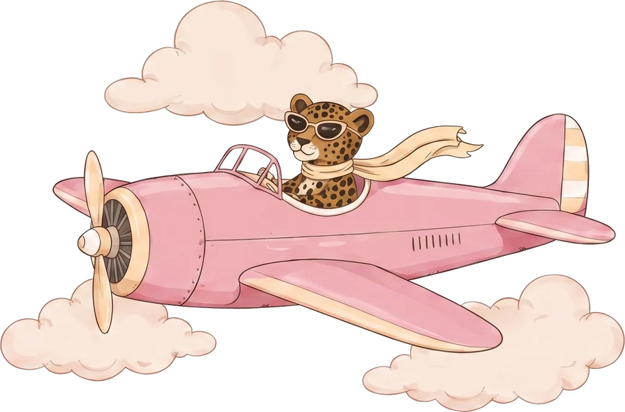 A leopard in a pink aeroplane among clouds