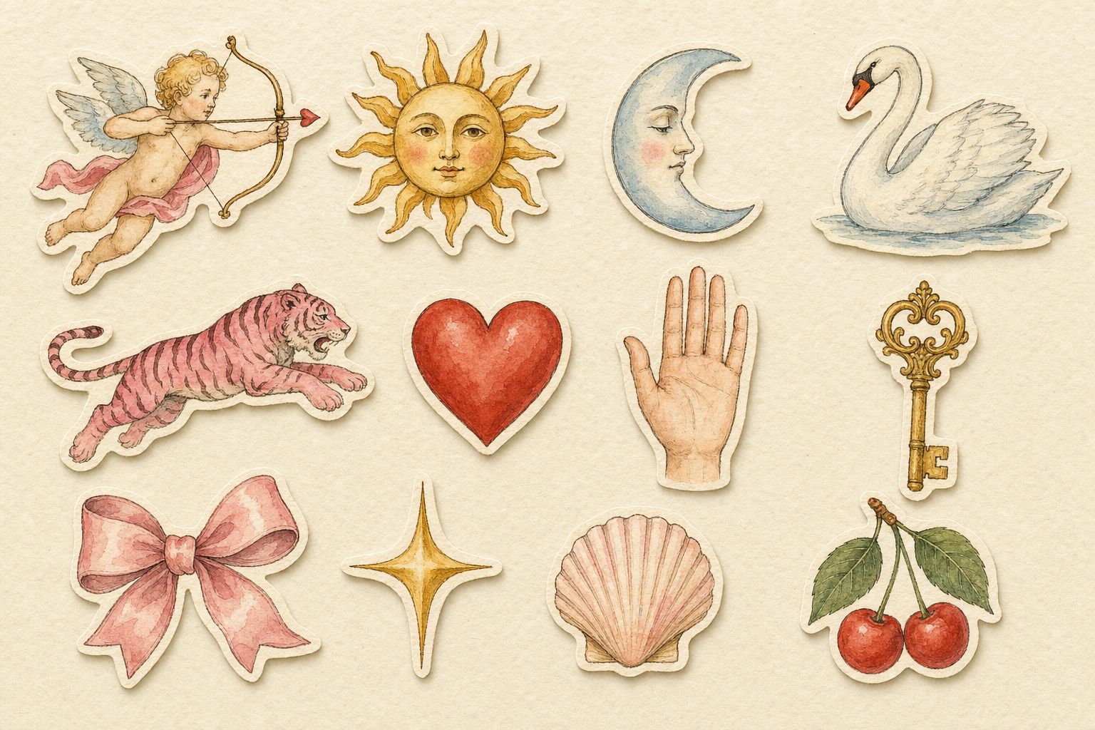 Twelve hand-painted talismans: a cherub, a sun and a moon with faces, a swan, a pink tiger, a heart, a hand, a key, a bow, a star, a shell and cherries