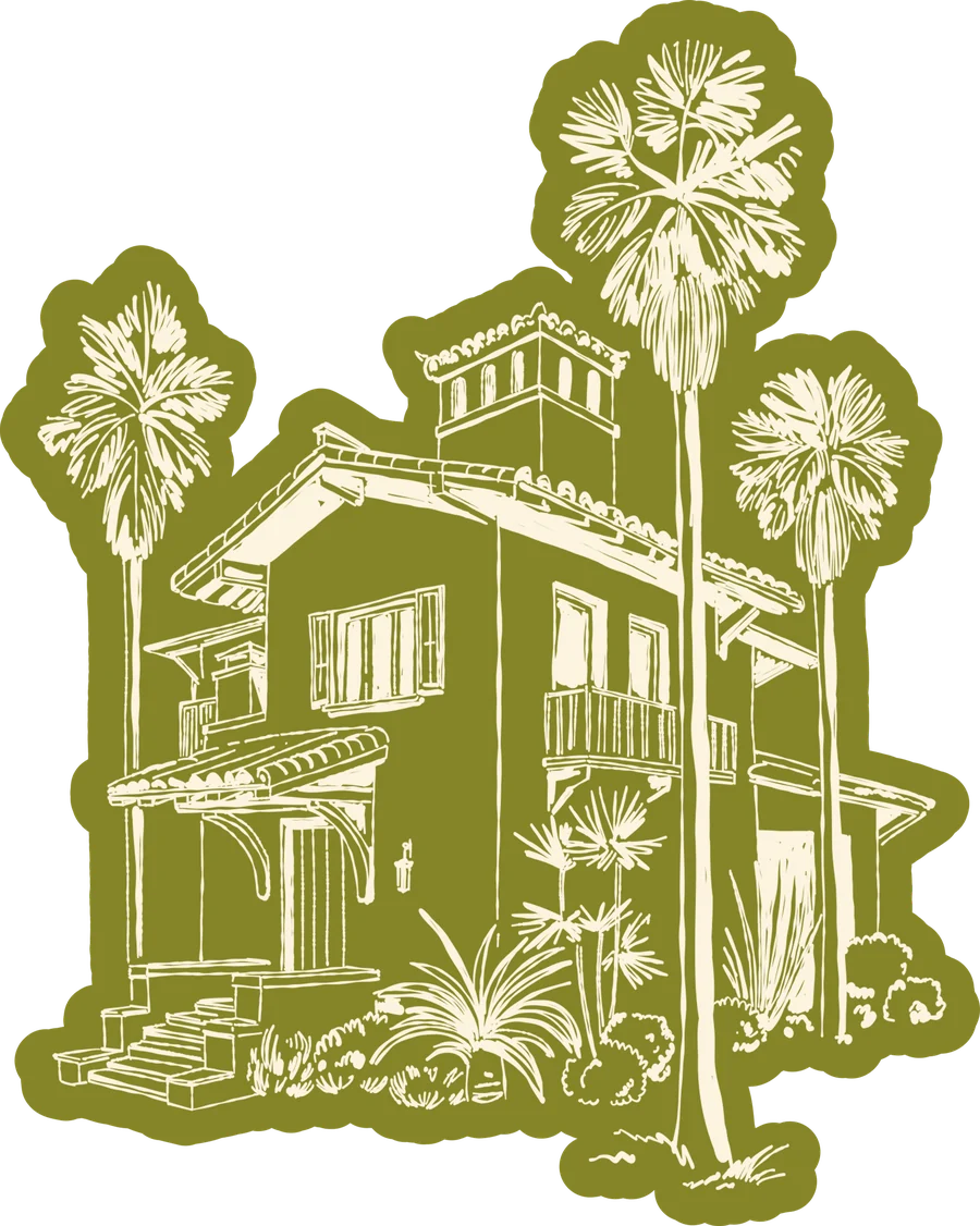 A hand-drawn villa among palm trees